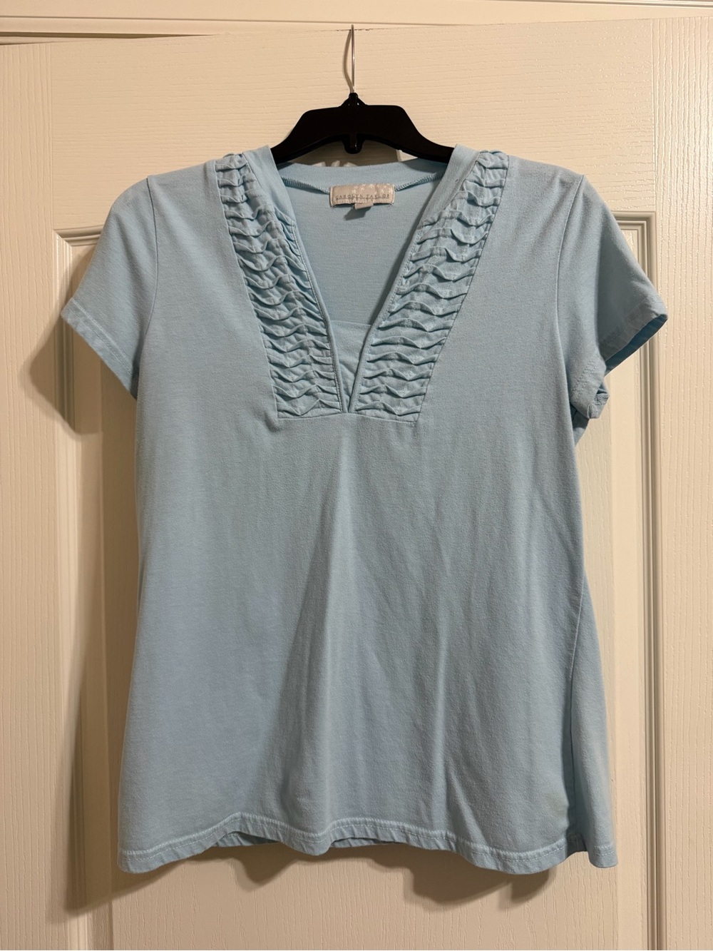 Carolyn Taylor Pale Blue Ruffled V-Neck Short Sleeve Top